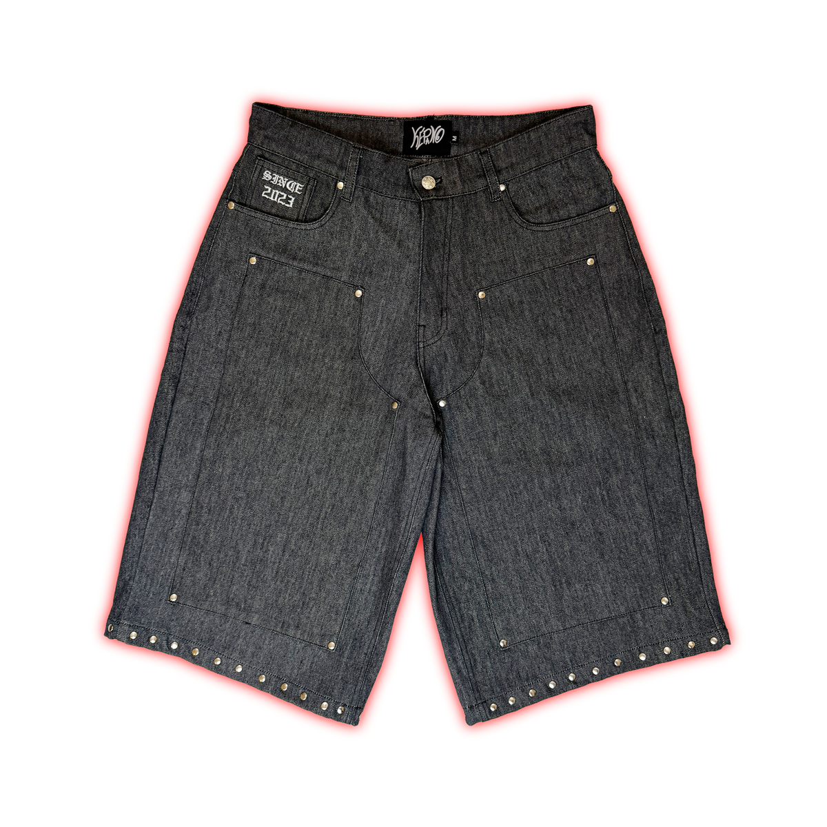STUDDED DOUBLE KNEE DENIM SHORT