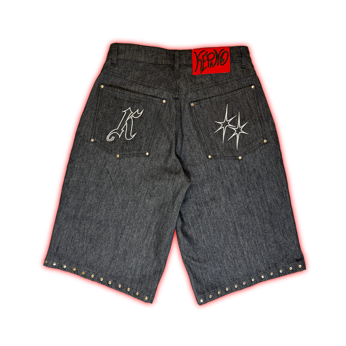 STUDDED DOUBLE KNEE DENIM SHORT